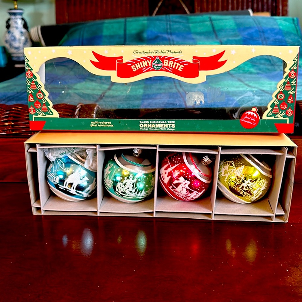 Christopher Radko, Shiny Bright multicolored glass ornaments. Box of 4.